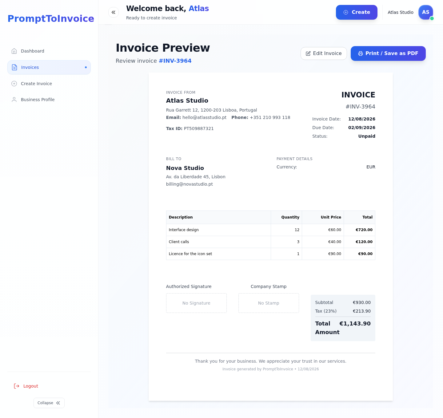 Invoice preview with items, VAT and total in euro